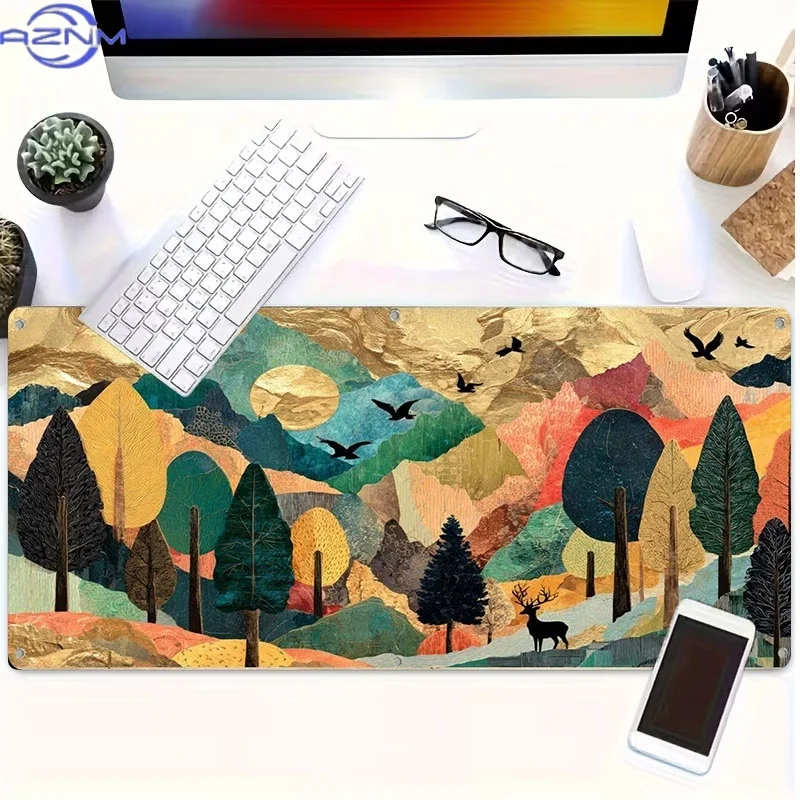 Rubber Desk Mat, Multiple Specifications Available, Collage - Style Landscape Art (Mountains, Trees, Deer, Birds), Ideal for Pro