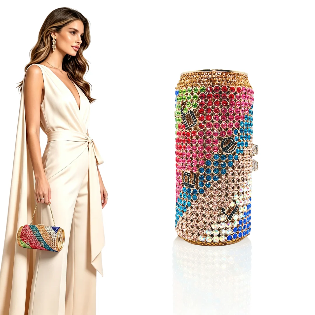 Women's Can-Shaped Rhinestone Evening Bag Colorful Crystal Cylinder Clutch Purse with Wedding Party Chain Shoulder Crossbody Bag - view 3
