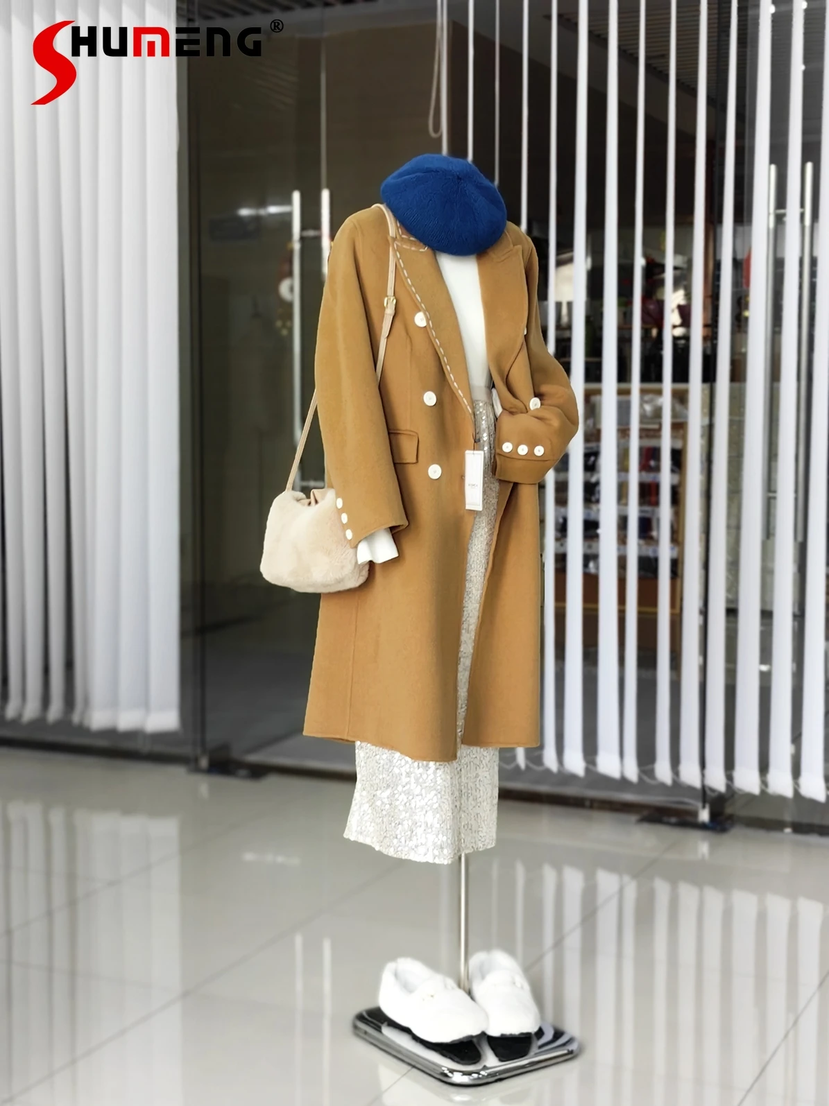 

Women's Elegant Wool Autumn Winter Korean Coats Simple Commute Double Breasted Camel Long Sleeve Reversible Woolen Jacket