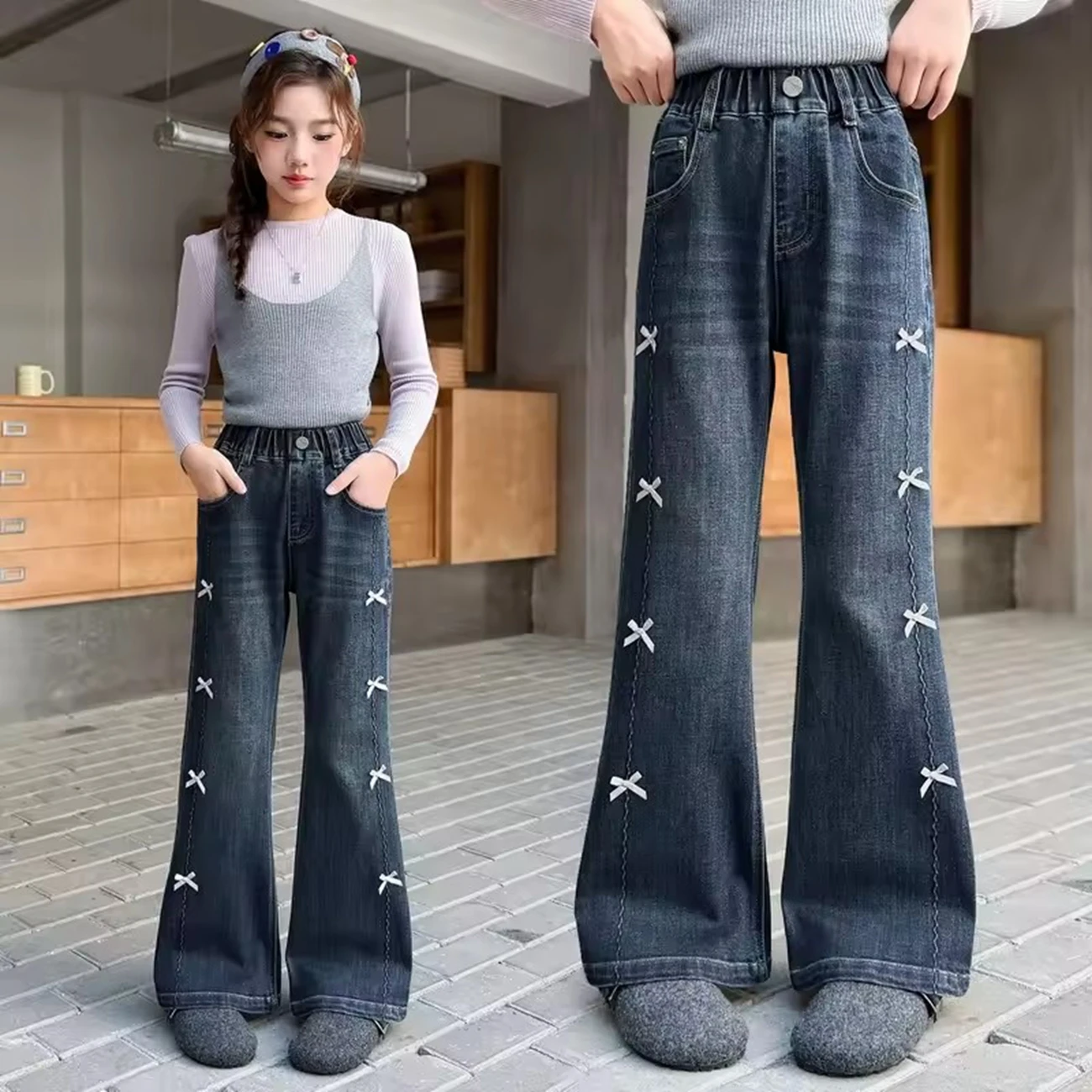 

Teenage Girls Vintage Blue Boot Cut Denim Pants Flared Jeans with Side Bow Kids Fashion Autumn Trousers
