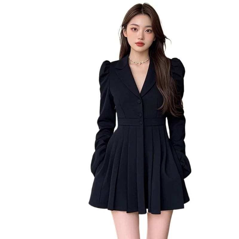 

New Women's Clothing Fashion High Street Winter Dress Waist Temperament Long Sleeves Black Pleated Skirt Thin Wear Suit Skirt