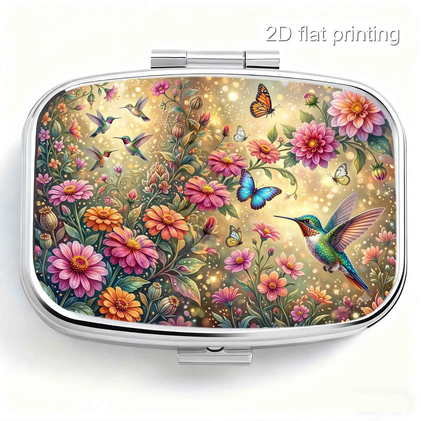 Single-Pack, Flat-Printed, Portable Mini Double-Compartment Pill Box, Warm Light Cosmos Hummingbird Butterfly Forest-Style Healing Floral Oil Painting Print, Travel Medicine Storage Box, Sealed and Moisture-Proof, Capsule Vitamin Organizer, Portable Small Pill Box