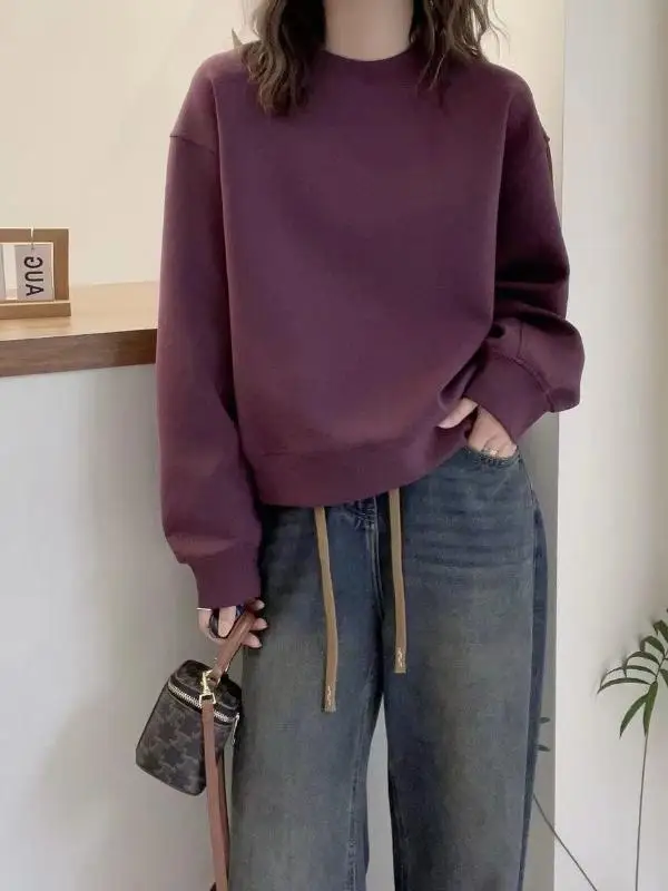 Moletom feminino de alta qualidade com forro de Fce solto ort-Sved primavera outono inverno Faion redondo Ne pull-on longo Sve Jaet