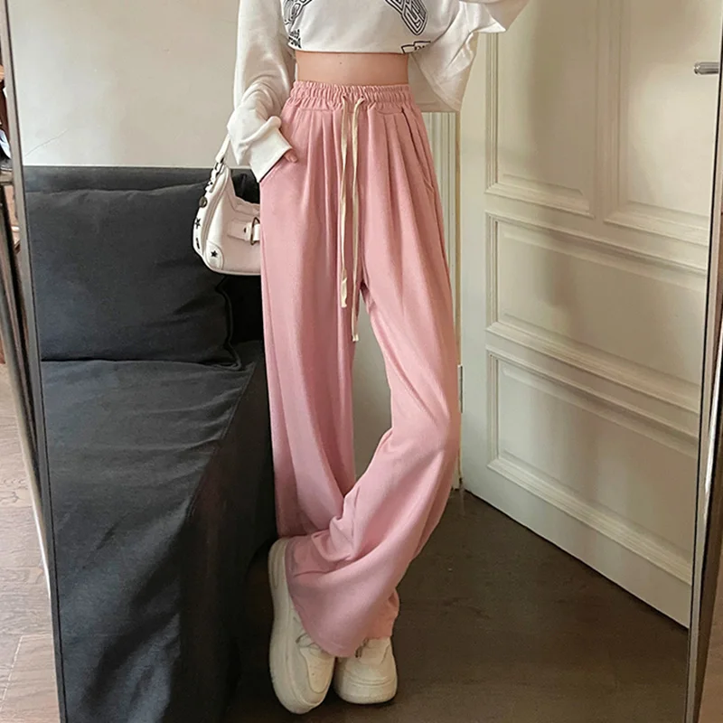 Women Cutecore Pink Casual Sweatpants Lady Wide Leg Concise Sports Style Trousers Female Daily High Waisted Korean Version Pants