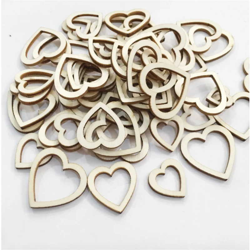 Hot Sale 100pcs Popular Hollow Love Heart Wooden DIY craft Laser Cut Embellishment Craft Decor Ornaments Wedding Decoration