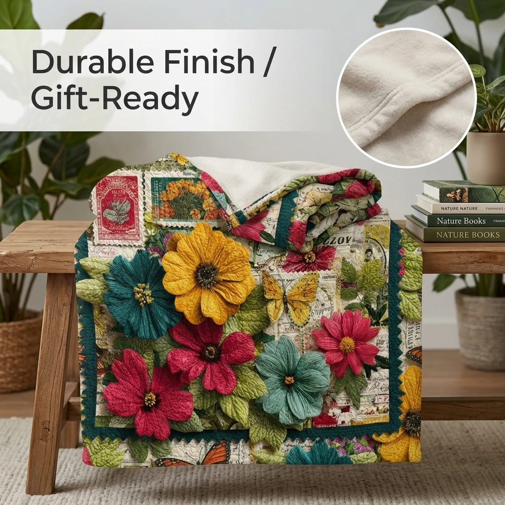 1PC Retro Postcard Style Flowers & Butterflies Thickened Flannel Blanket, Cozy Warm Portable, Perfect Gift for Adults Boys Girls