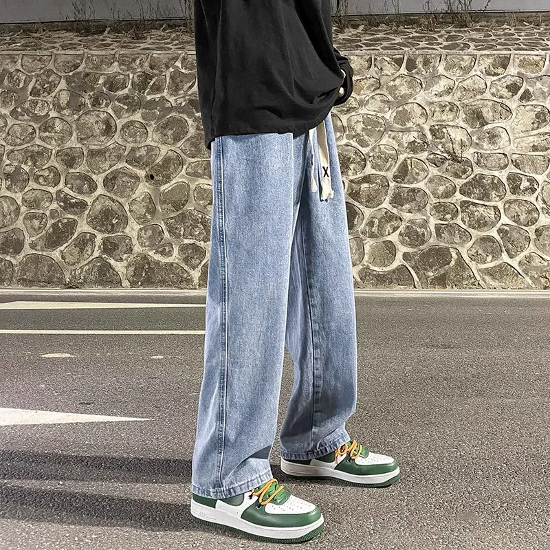 

Лето 202, мужские модные широкие джинсы, повседневные прямые свободные брюки, модные брендовые повседневные длинные брюки со средней талией на молнии