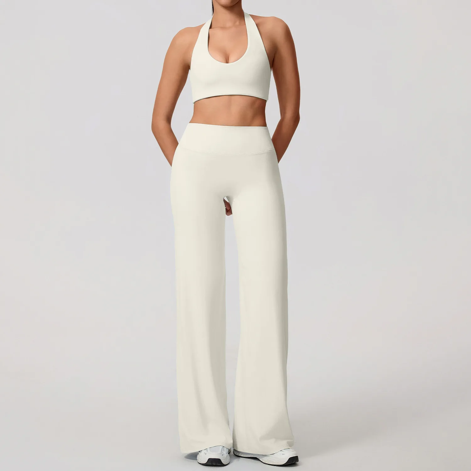 Women 2 Piece Yoga Set Workout Outfit Halter Twist Backless Sports Bra High Waist Wide Leg Trousers Nude Soft Activewear Gym Set