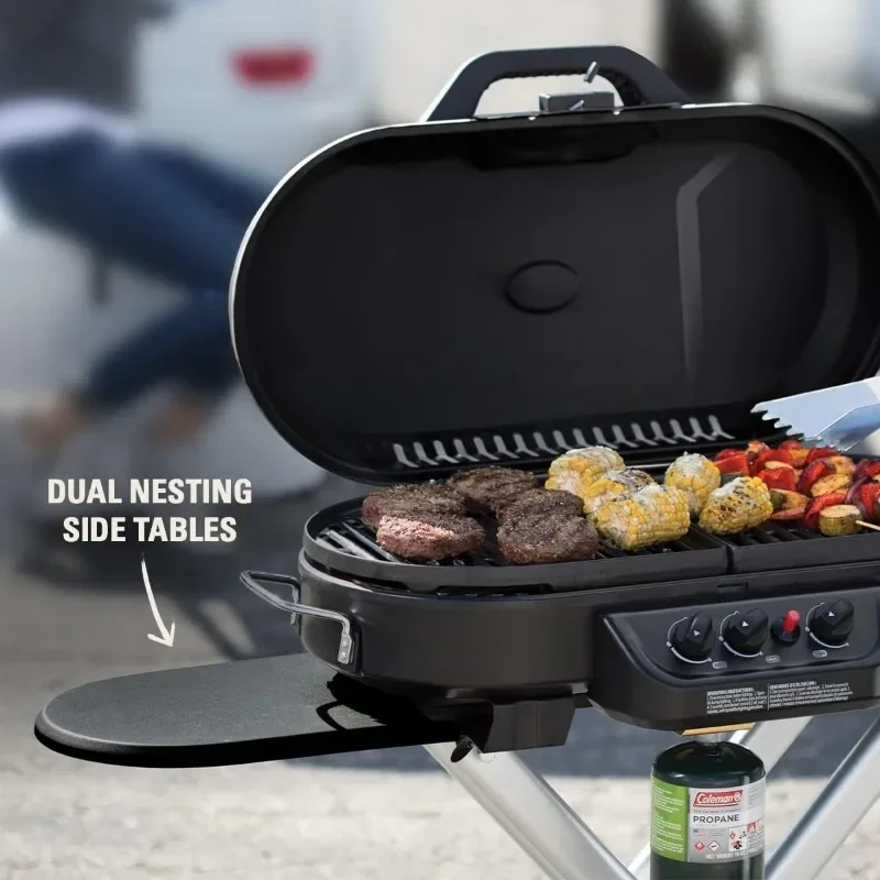 285 Portable Stand-Up Propane Grill, Gas Grill with 3 Adjustable Burners & Instastart Push-Button Ignition; Great for Camping