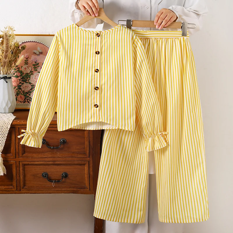 Girls 8‑12Y Spring Fall Casual Set Vertical Stripe Ruffle Cuff Blouse And Bow Decor High Waist Wide Leg Trousers Outfit