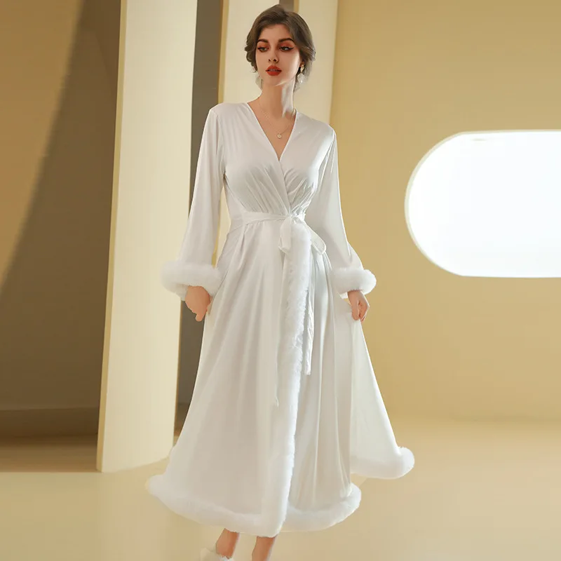 Lady Elegant Feather Trim Kimono Bathrobe Intimate Lingerie Satin Nightwear White Wedding Robe Bride Moring Gown Sleepwear