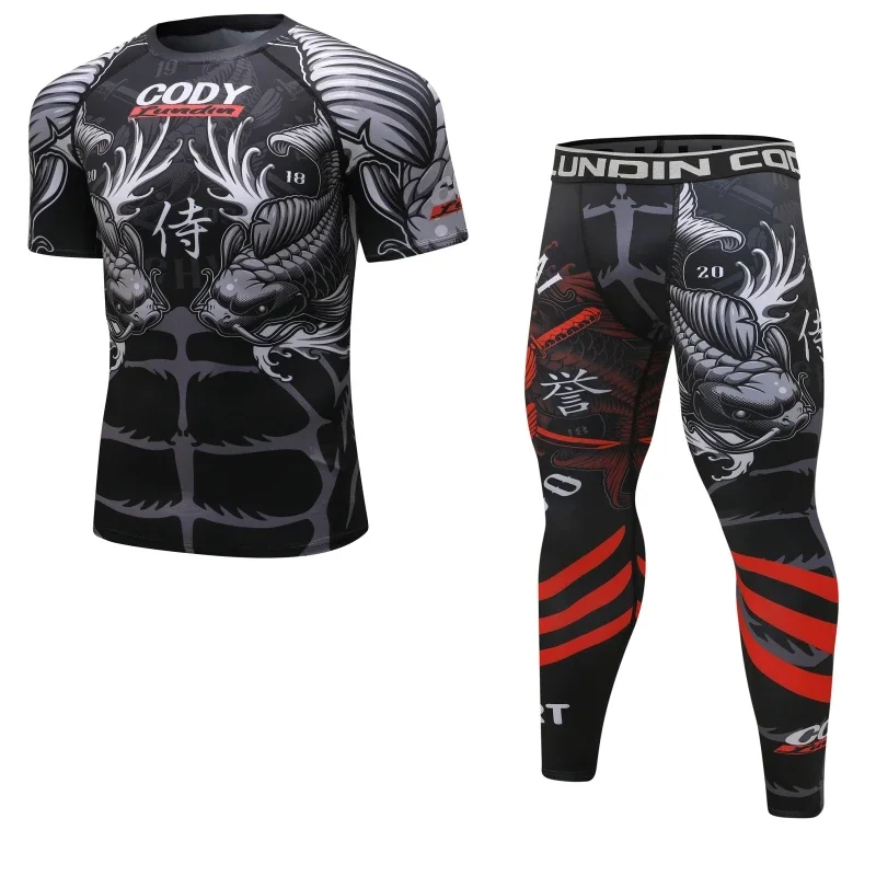 MMA Tracksuit Compression Shirt Pants Shorts Running Set Men Muay Thai Boxing Rashguard Fitness Workout Sportswear Gym  Clothing