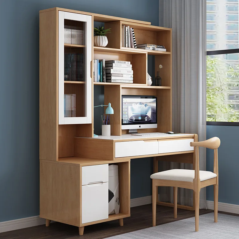 

Solid wood desk bookshelf integrated combination, bedroom, simple modern rock slab, home, writing table