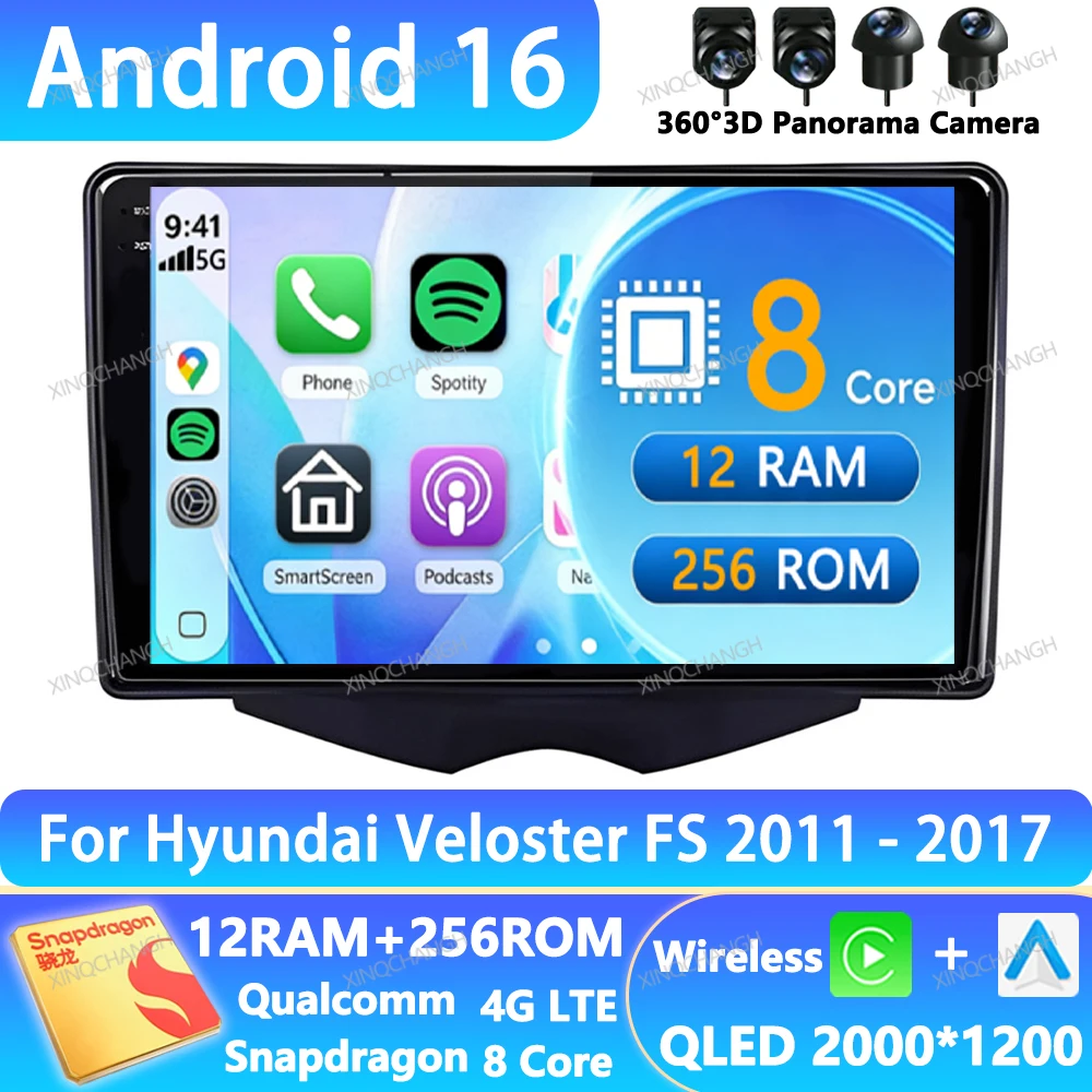 Android 16 Car Radio For  Hyundai Veloster FS 2011 - 2017 QLED BT Multimedia Video Player Head Unit 2DIN GPS Navigation 4G WIFI