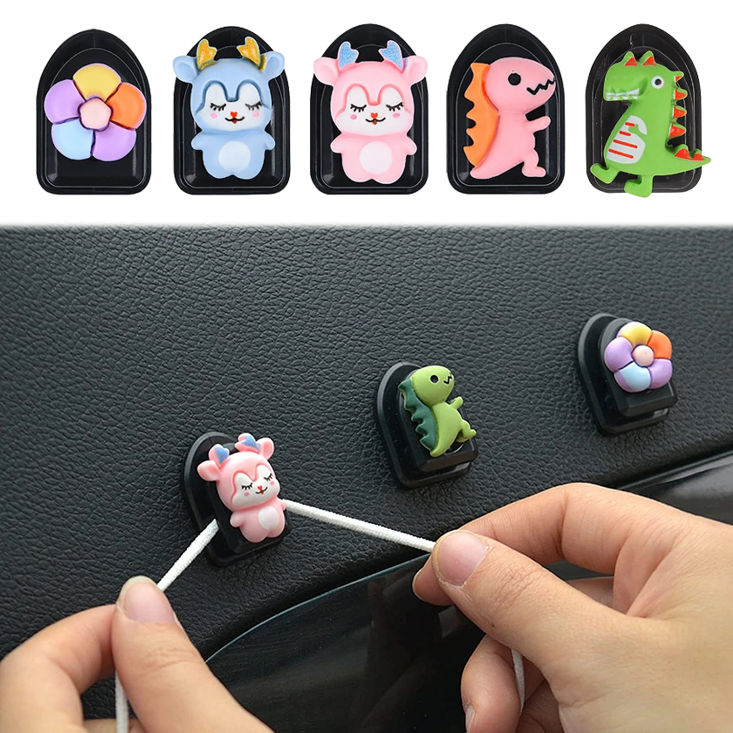 

5Pcs Cute Animal Car Hook Organizer Car Sticky Clip Storage Hanger Holder Multifunctional Adhesive Hook Car Interior Accessories