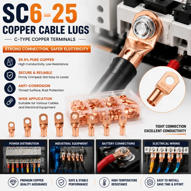 60Pcs Copper Wire Terminal Connectors Crimp Ring Connectors for Bare Wires Electrical Wiring Tools Ideal for DIY Automotive