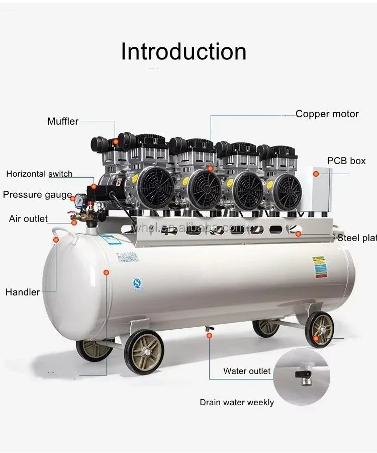 

Customized Low Noise 220V 110V 28.2CFM 6HP 4.8KW 42 Gallon Oil-free Air Compressor
