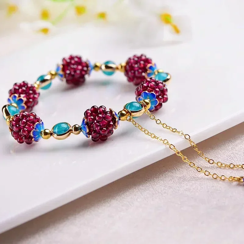 Vintage Fashion Bohemia Cute Natural Garnet Stone Ethnic Bracelet Multi-Circle Pomegranate Crystal Charming Bracelet Gifts