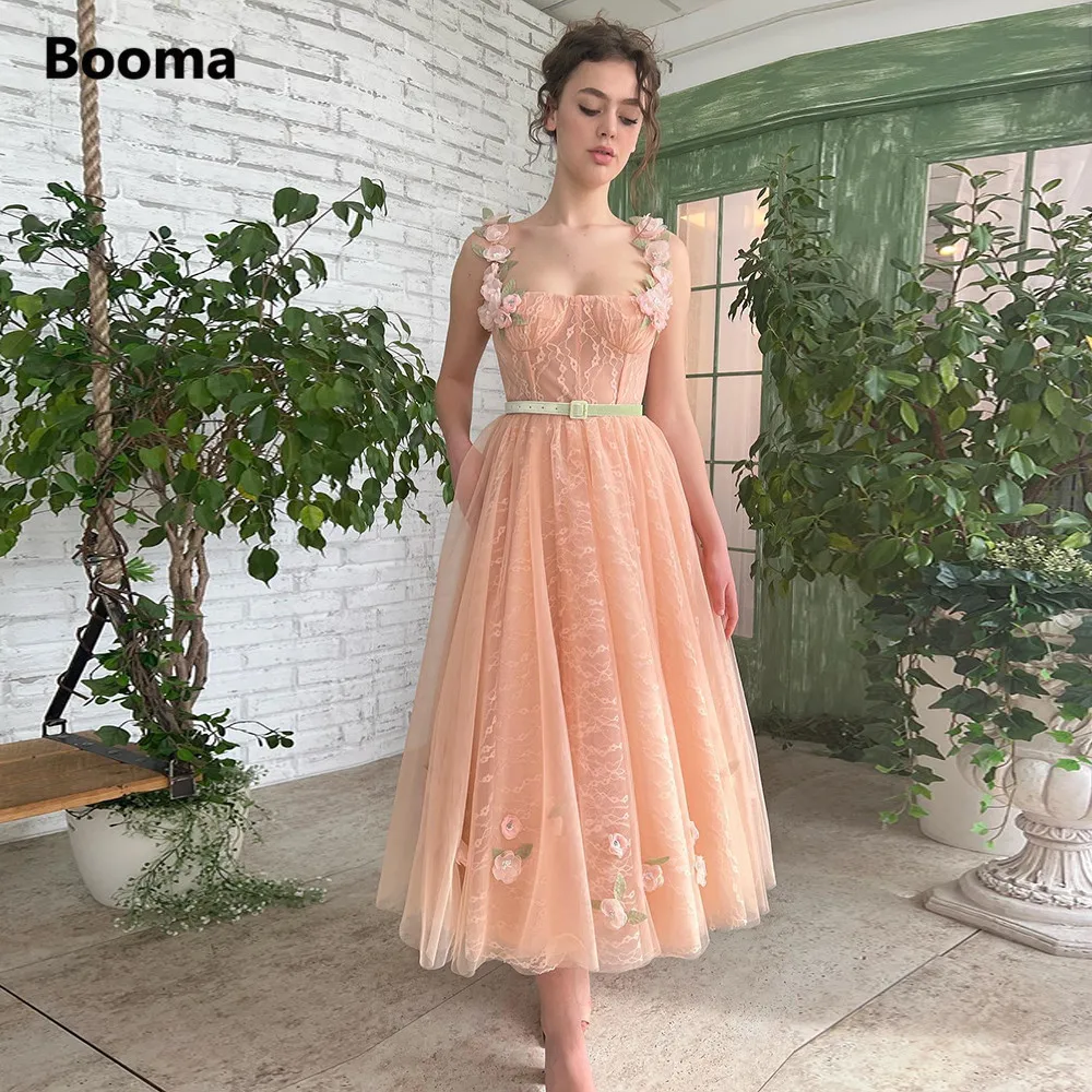 Booma 2022 Peach Lace Midi Prom Dresses Handmade Flowers Straps A-Line Wedding Party Dresses Tea-Length Short Evening Gowns