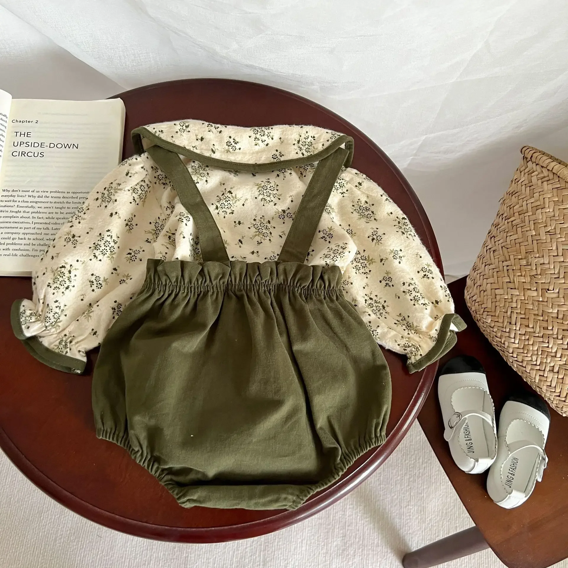 Bardibess autumn new baby girls clothes set floral blouse and strap shorts korean green clothes set for infant newborns