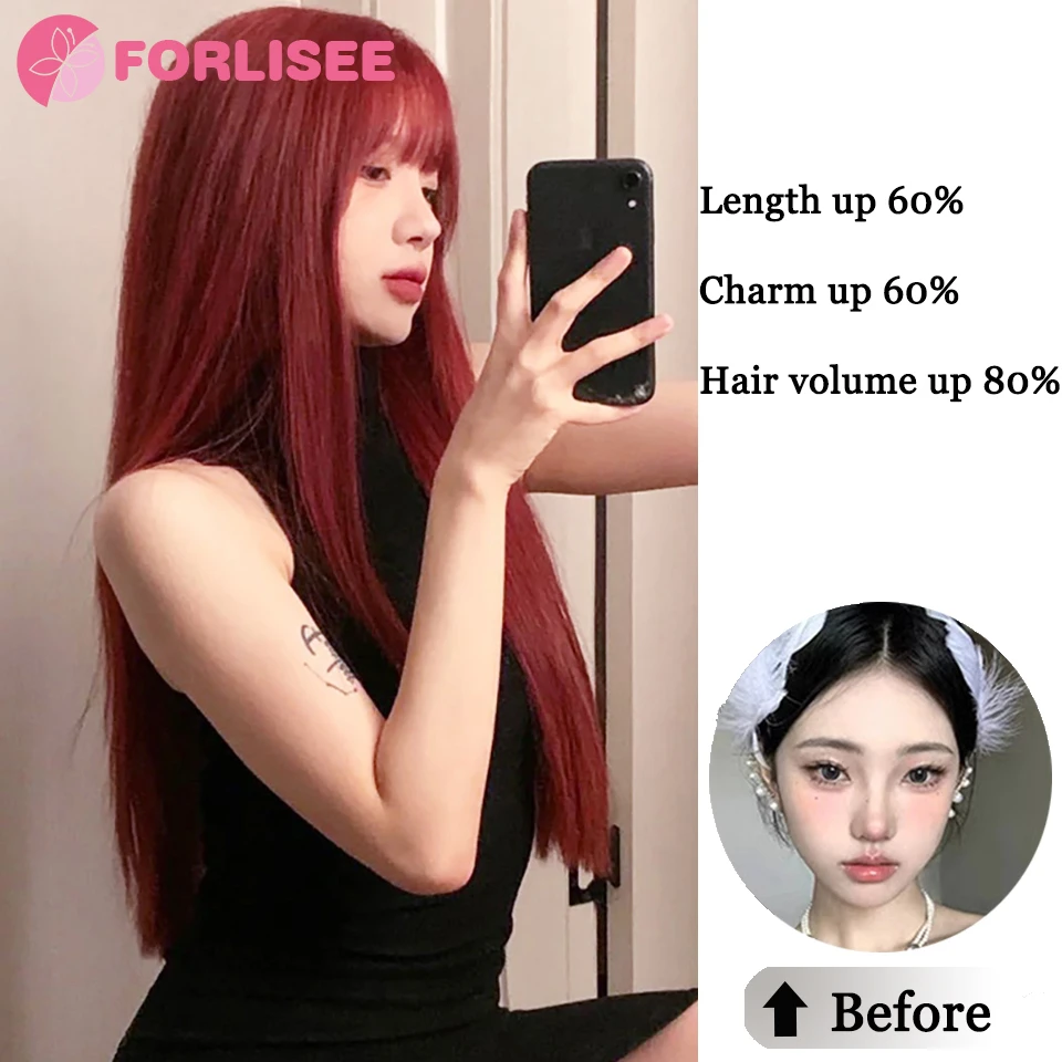 FORLISEE Synthetic Rose Wine Red Long Straight Hair With Bangs Wig Matte High-temperature Silk Breathable And Natural In Summer