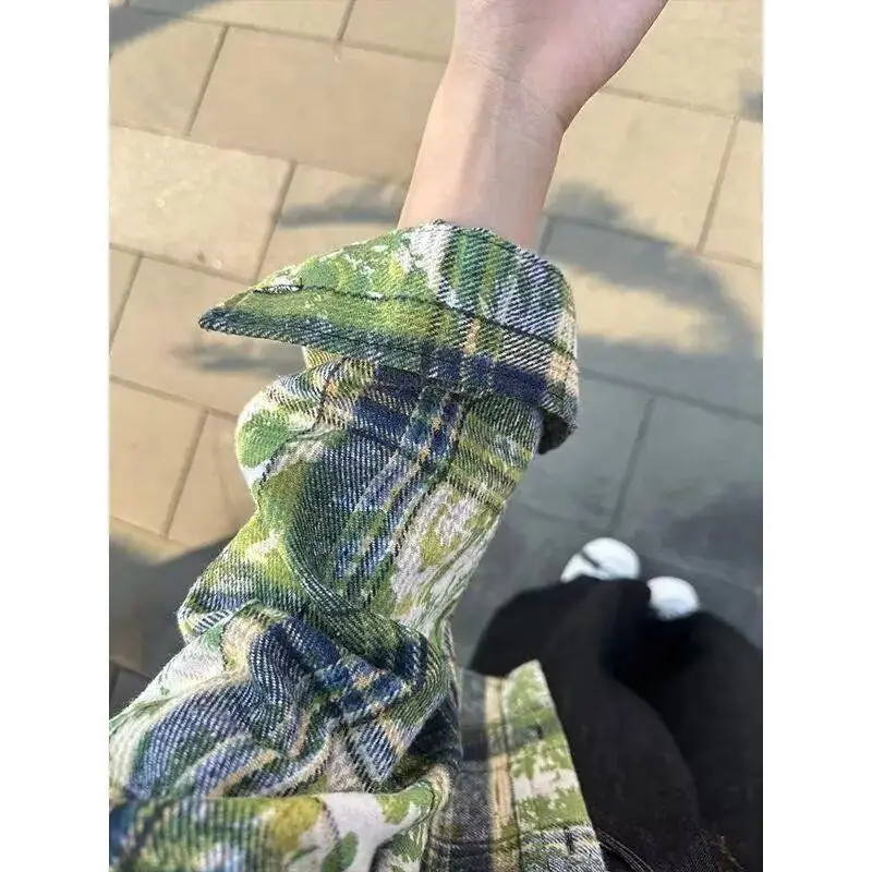 Green Tie Dye Long Sleeve Plaid Shirt Jacket Men's Style Cleanfit Top American Retro Casual Shirt Loose Fit Student Suitable