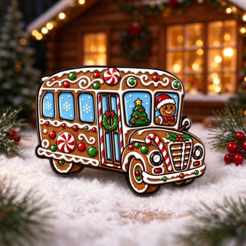 Christmas Gingerbread Bus Pin - Cartoon Candy Gingerbread Man School Bus Badge - Festival Accessory