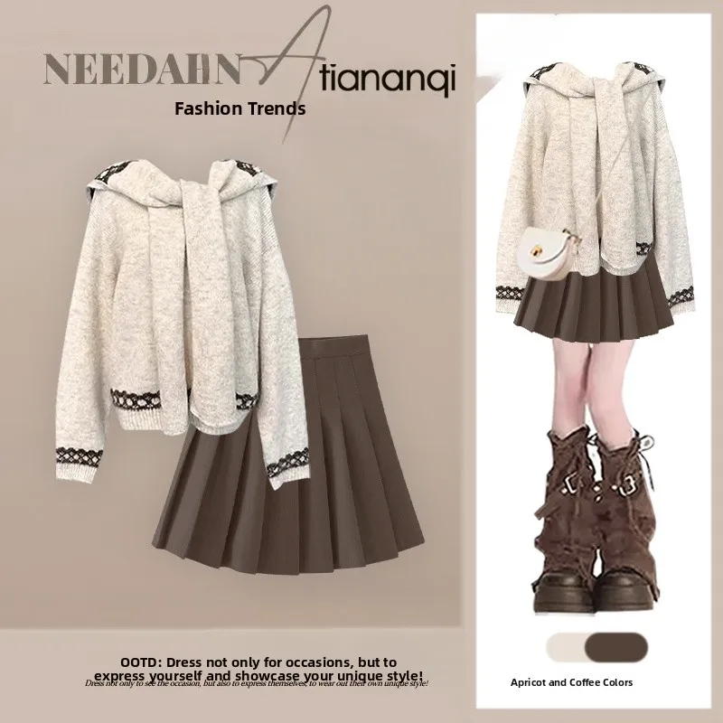 

Spring New Arrival Vintage Loose Knitted Sweater High Waist Slimming Pleated ort Skirt Two Piece Set Ele Faionable Wo...