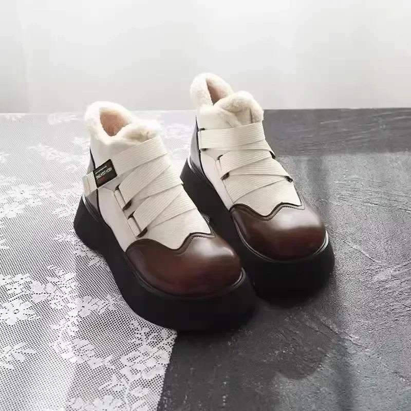 2024 inverno mulheres botas de tornozelo pu sola grossa de pelúcia quente inverno mulher sapatos apartamentos rendas até senhoras lolita sapatos ao ar livre deslocamento diário