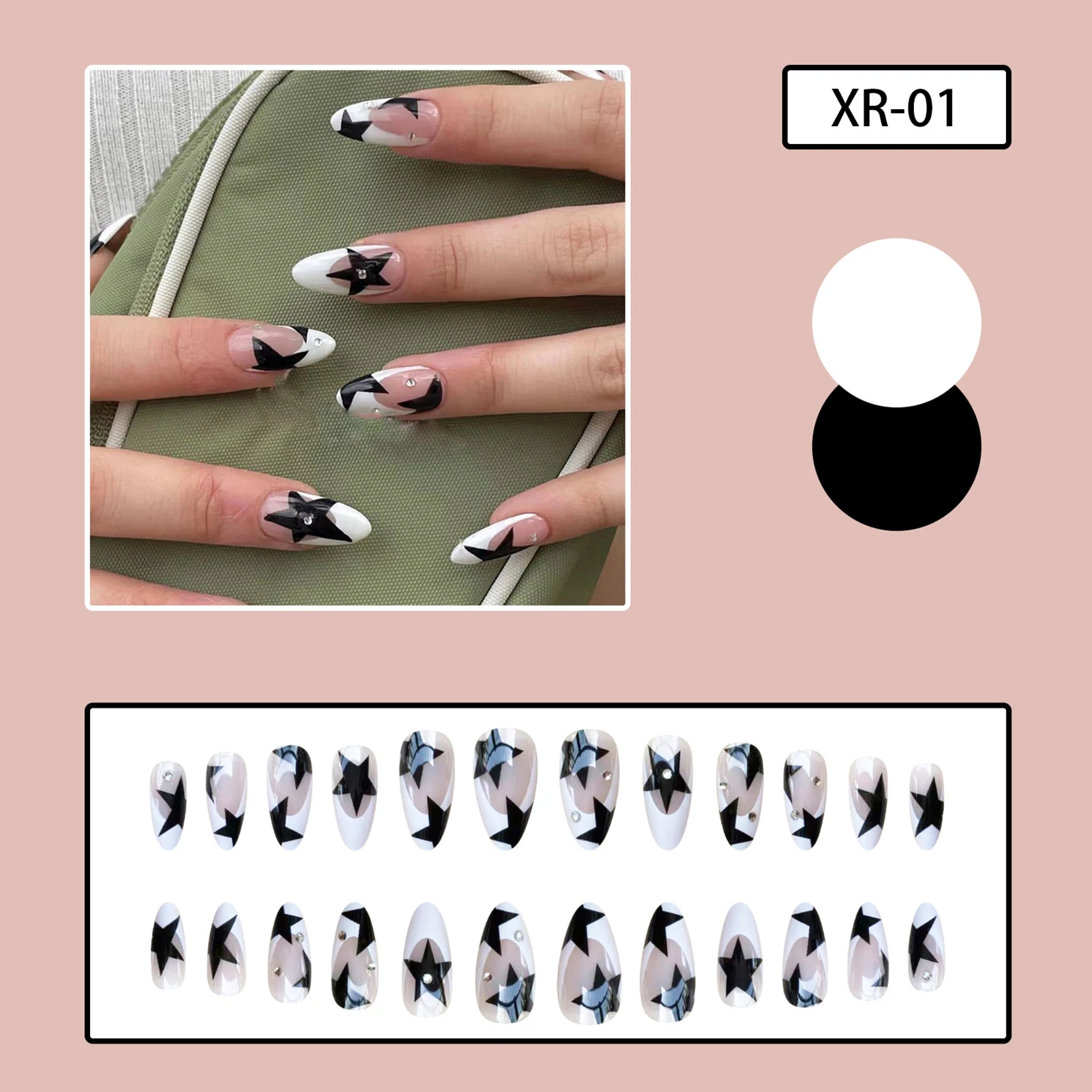 Short Almond Y2k Nails Press On Nail With Black Pentacle Star Designs 24pcs White French False Nails Rhinestone Fake Nail Tips