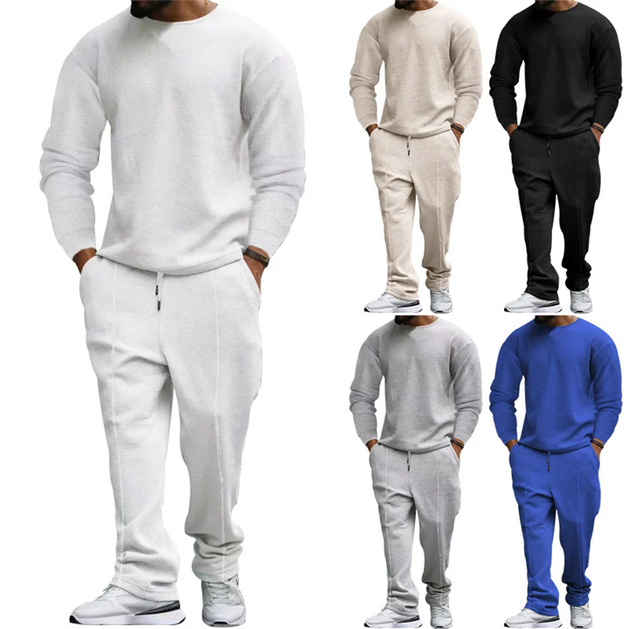 Solid Color Two Piece Suits Men O-Neck Long Sleeve T-shirt and Pants Outfits Men\'s Spring Autumn Casual Sports Set Streetwear