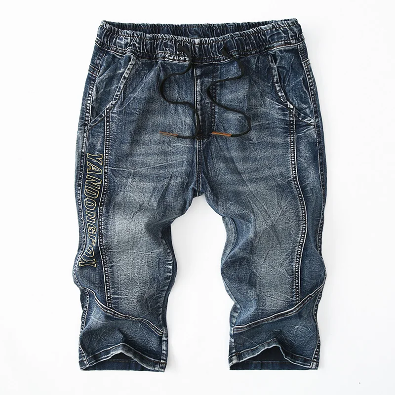 

Men's Loose Straight Leg Elastic Waist Jeans Capri Pants Summer Lightweight Soft Thin 7/8 Length mid Waist High Street Sle