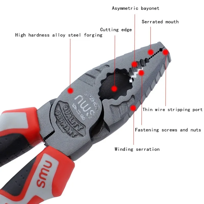 Cortador de alambre multifuncional alemán, alicates de electricista, cabezal de abrazadera engrosado, acero al cromo vanadio, herramientas de