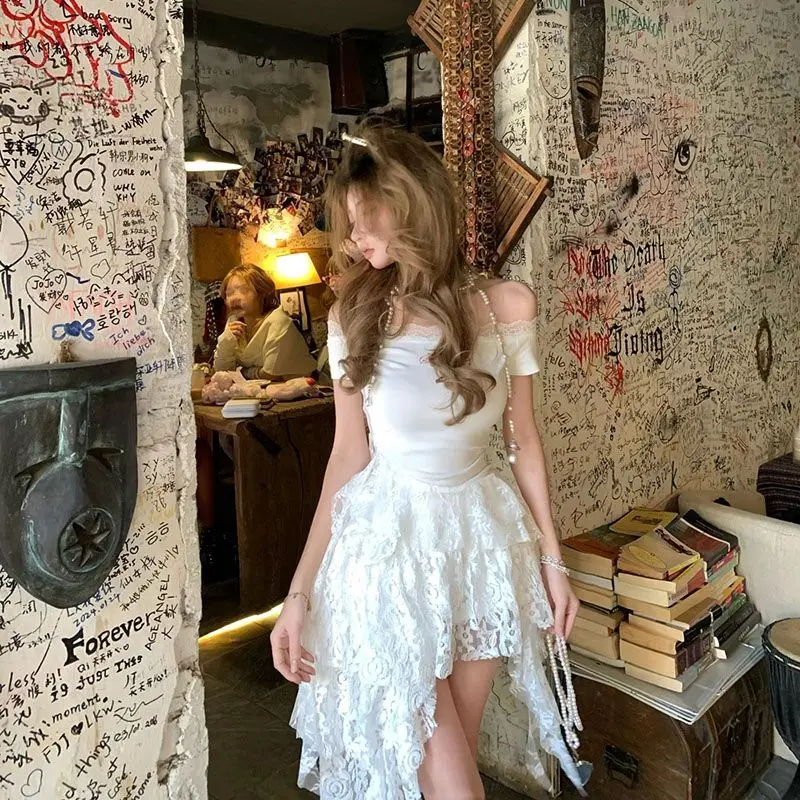 

Pure Desire Ballet Style One Shoulder Short Sleeve T-shirt Female Summer New Irregular Lotus Leaf Lace Cake Skirt