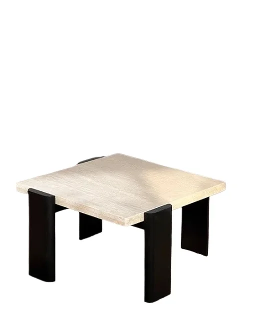 Wabi-sabi design style living room coffee table, with limestone countertops and solid red oak legs