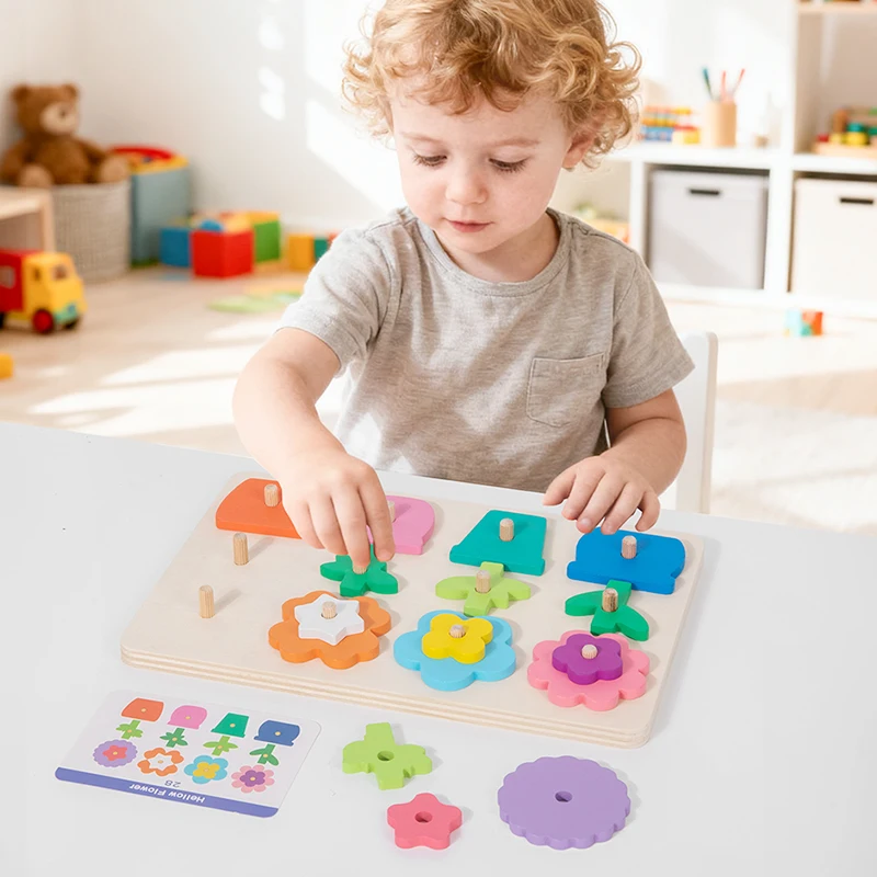 Wooden Flower Matching Puzzle Board - Comes With Challenge Cards Children's Color Recognition And Pattern Matching Skills