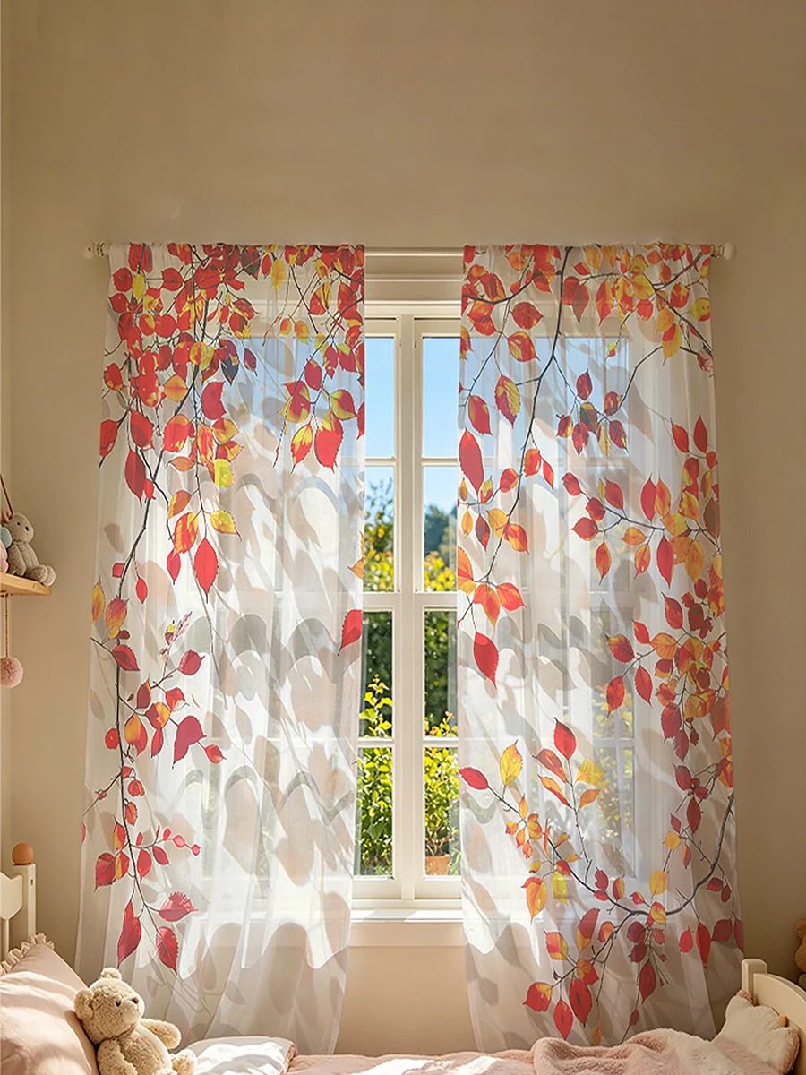 2PCS Digital Print Sheer Curtains, Red Yellow Fall Maple Leaf Pattern, Autumn Wedding Drapes for Living Room Bedroom Decor