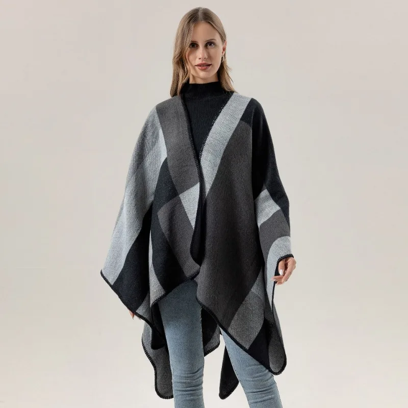 Gradient Colors Shawl Capes Printed Plaid Cardigan Loose Poncho Blanket Women Faux Cashmere Cloak Big Pendulum Out Streetwear