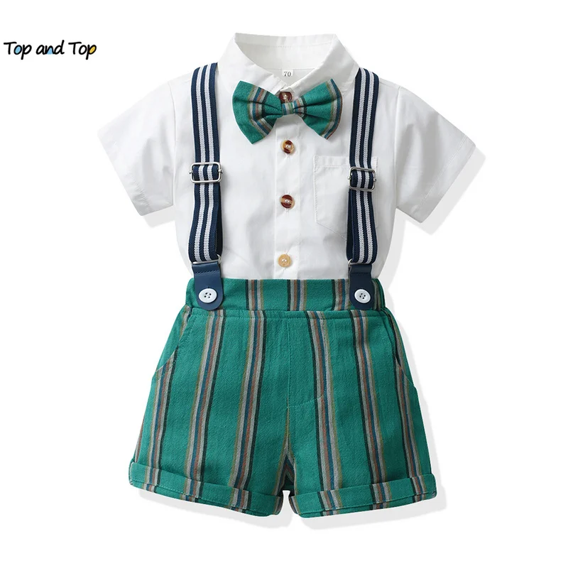 top and top Summer Infant Boys Clothing Sets Shorts Sleeve Bowtie Shirts+Overalls Gentleman Suits Toddler Boys Casual Clothes