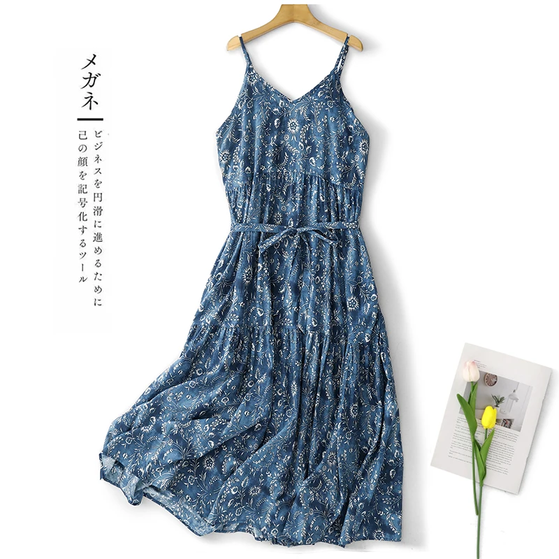 Belted V-neck Floral Printed Blue Cotton Slip Dress Women Summer Holiday Beach Boho Style Sleeveless Midi Long Dress With Pocket