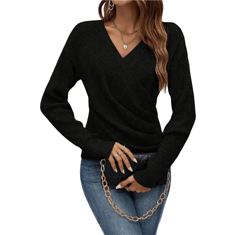 

ABRT-Women's V Neck Sweater Criss Pullover Long Sleeve Knit Casual Fall Tops Black XL