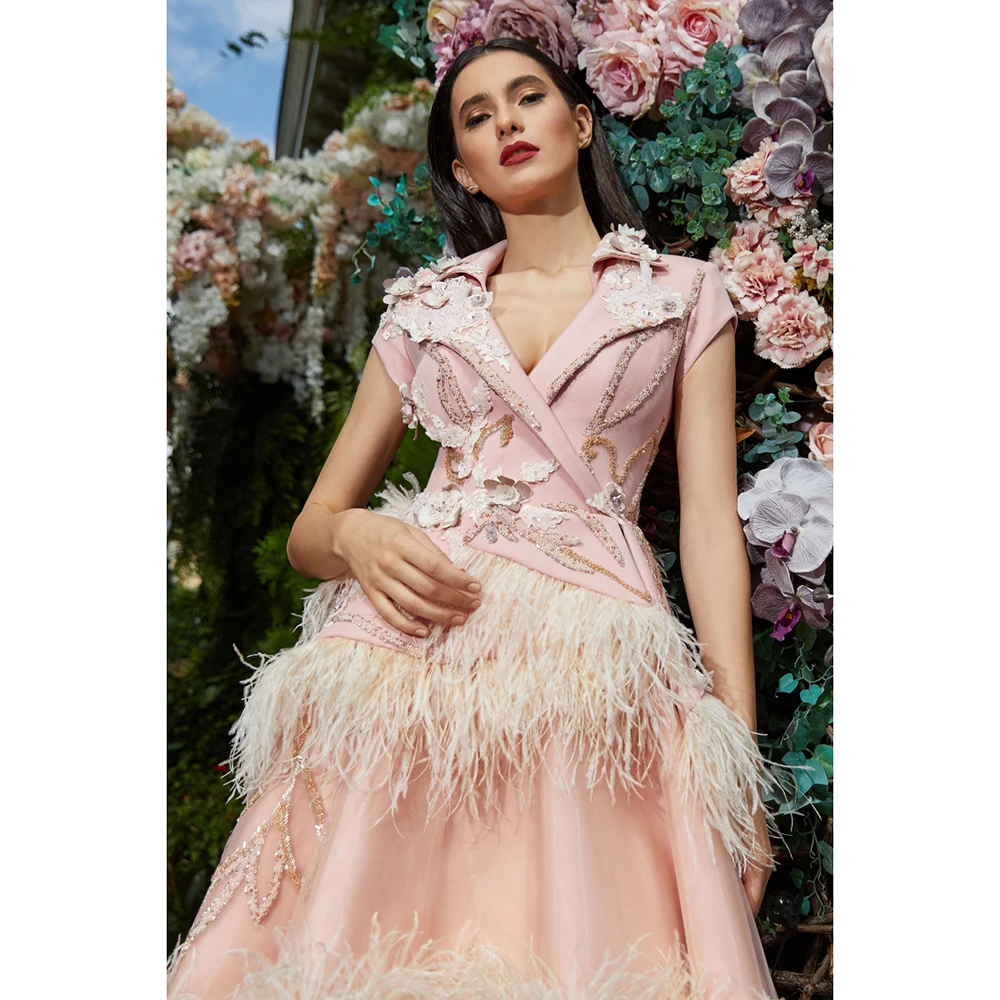 2023 rosa pena vestidos de baile com decote em v 3d flores apliques frisado celebridade vestidos de festa chá comprimento traje formal vestido de noite