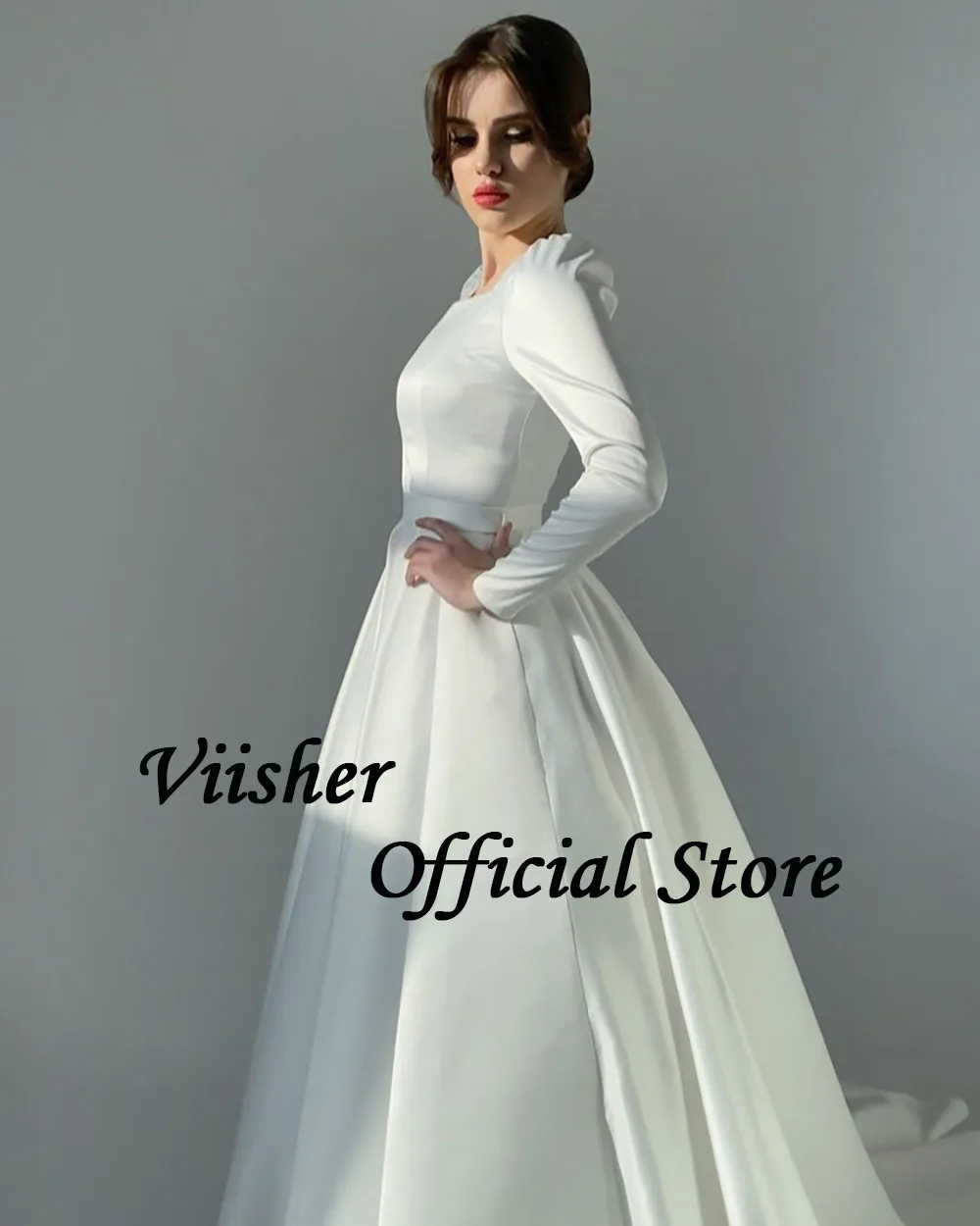 Viisher-Branco De Cetim Vestidos De Noiva, A Linha Princesa, Manga Comprida, Pescoço Quadrado, Elegante Vestido De Noiva, Casamento Civil Vestidos De Noiva