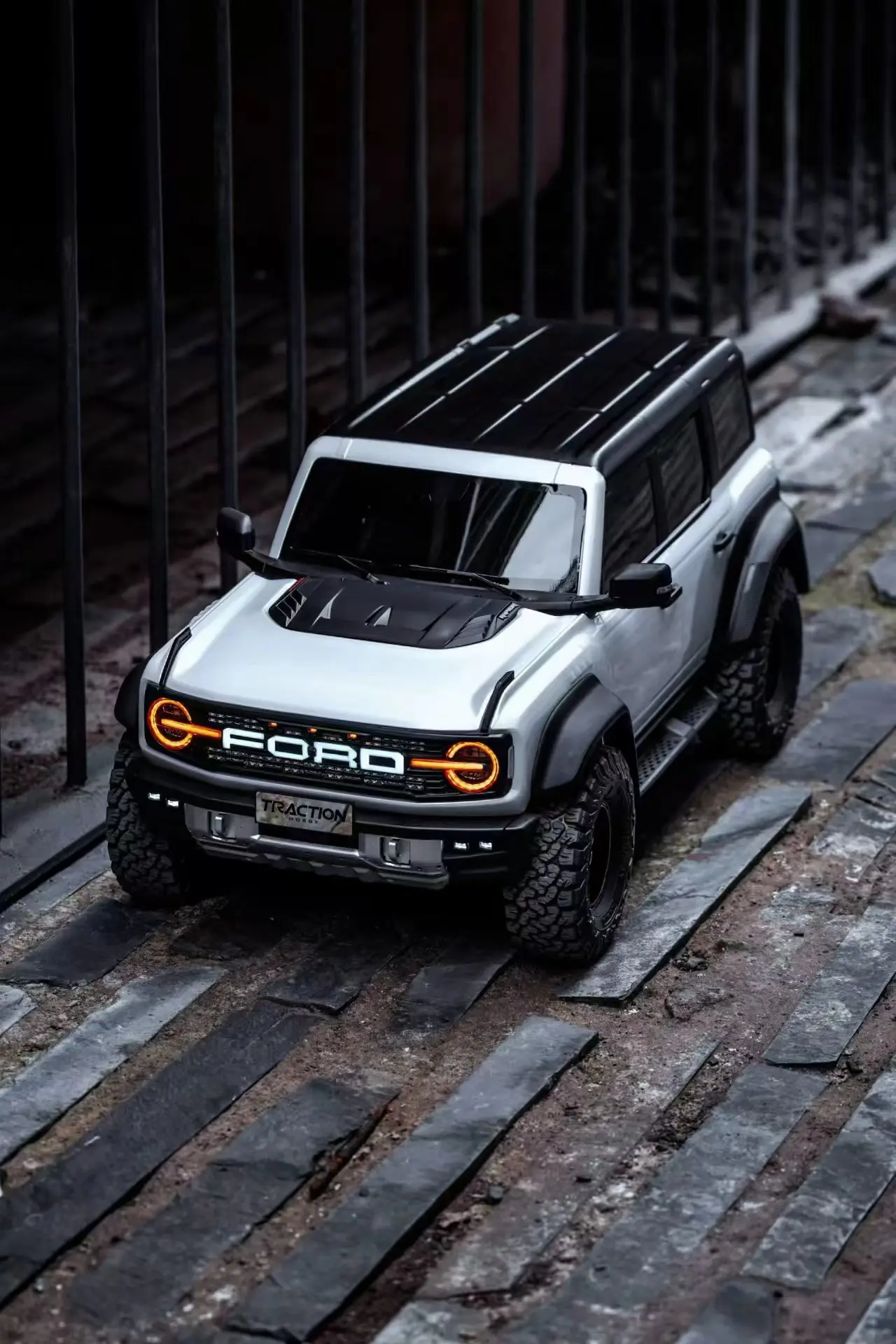 1/8 Scale KM Ford Bronco Raptor RC crawler in off-road trail configuration