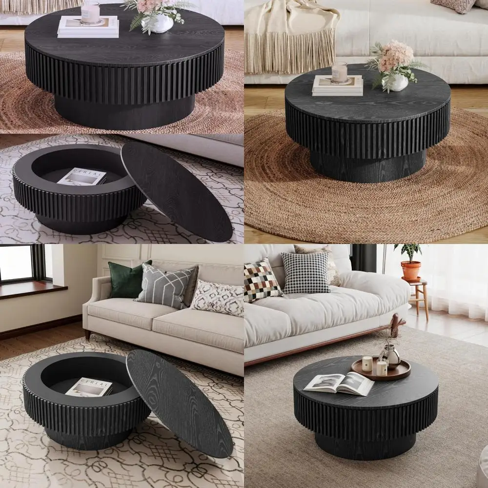 

Farmhouse Style 31.5 Round Wood Coffee Table with Storage for Living Room, Apartment, Office - Black