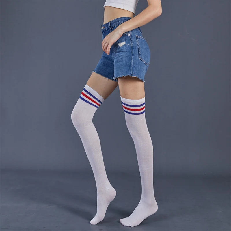 JK Woman Cosplay Stockings White Red Blue Strips Lolita Long Socks Over Knee Thigh High Socks Women Compression Socks