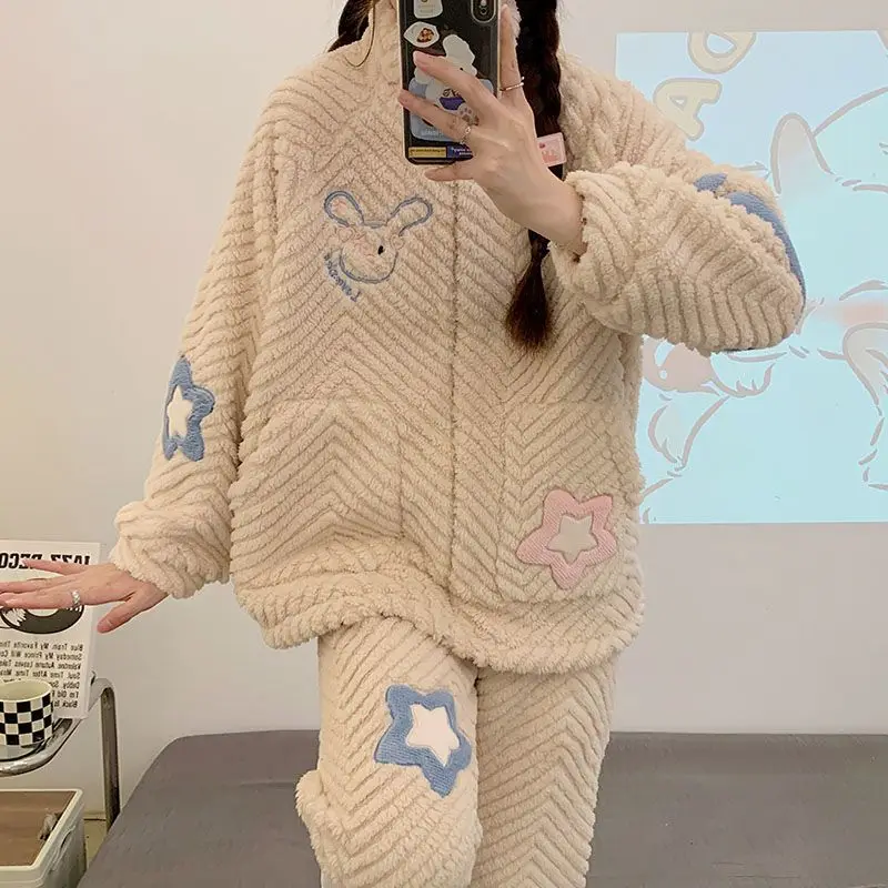 مجموعة الشتاء بيجامات نسائية تحافظ على الدفء من الصوف المرجاني ملابس نوم حلوة ولطيفة للطالبات بيجامة ملابس منزلية سميكة مبطنة بالصوف #6