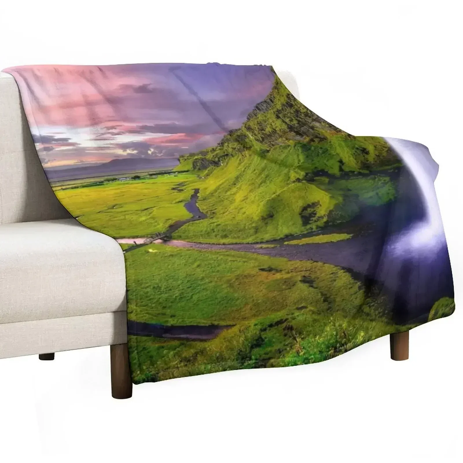 Iceland Seljalandsfoss waterfall and surrounding green cliff landscape nature color photograph Throw Blanket Nap Blankets