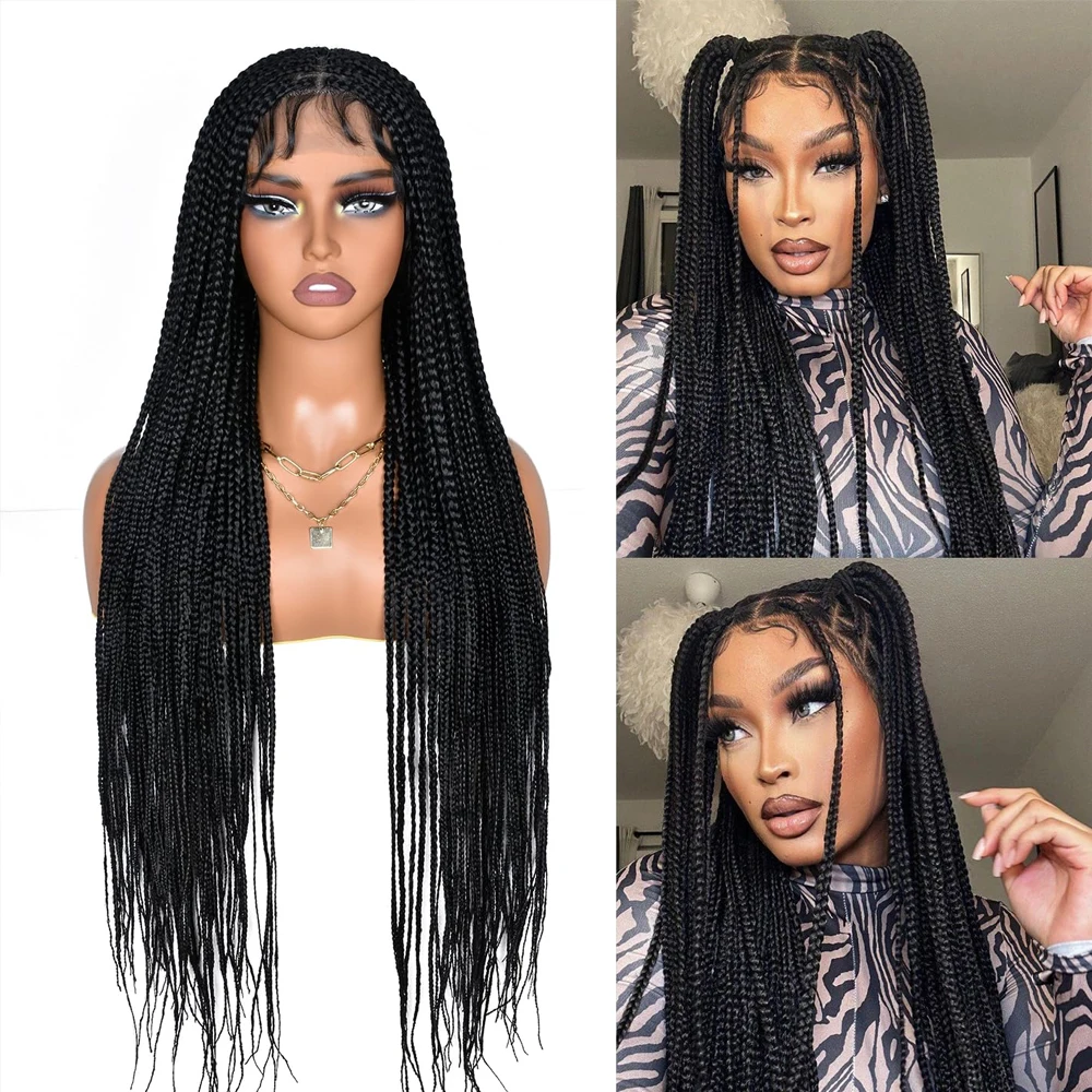 HD Full Lace Synthetic Afro Cornrow Braided Wigs Knotless Box Braids Wig For Black Women 36 Inches Goddess Handmade Braiding Wig