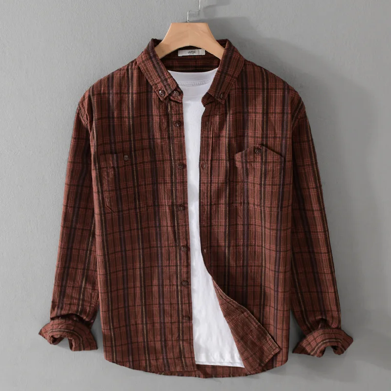 Men's Vintage Shirt Pure Cotton High Quality Fashion Long Sleeve Striped Plaided Breathable Lapel Blouses Casual Loose Tops